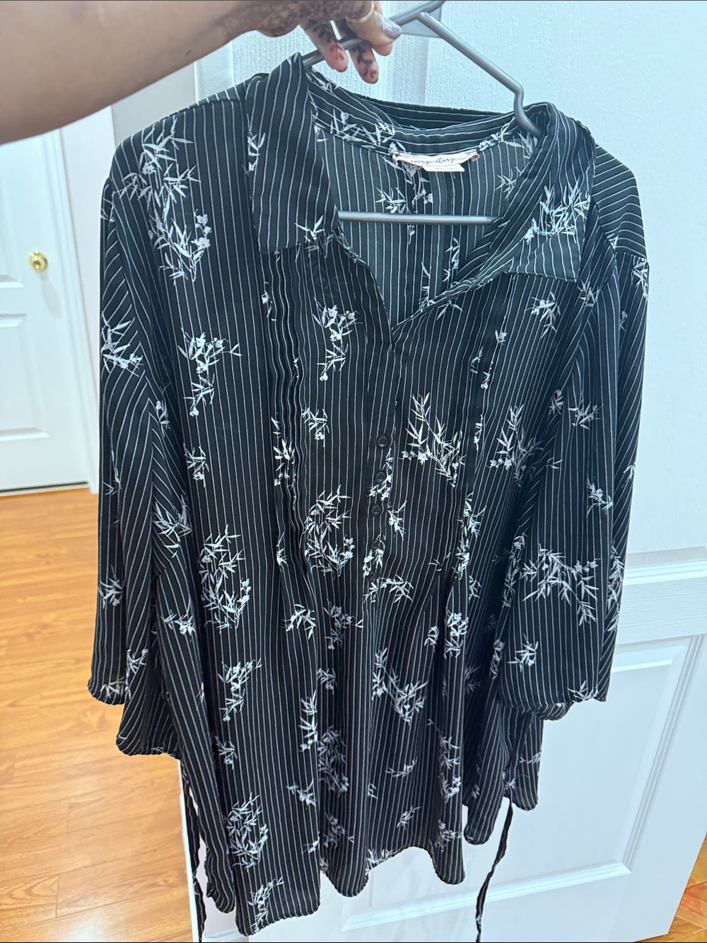 Black Floral Mini Dress with Pinstripe Detail